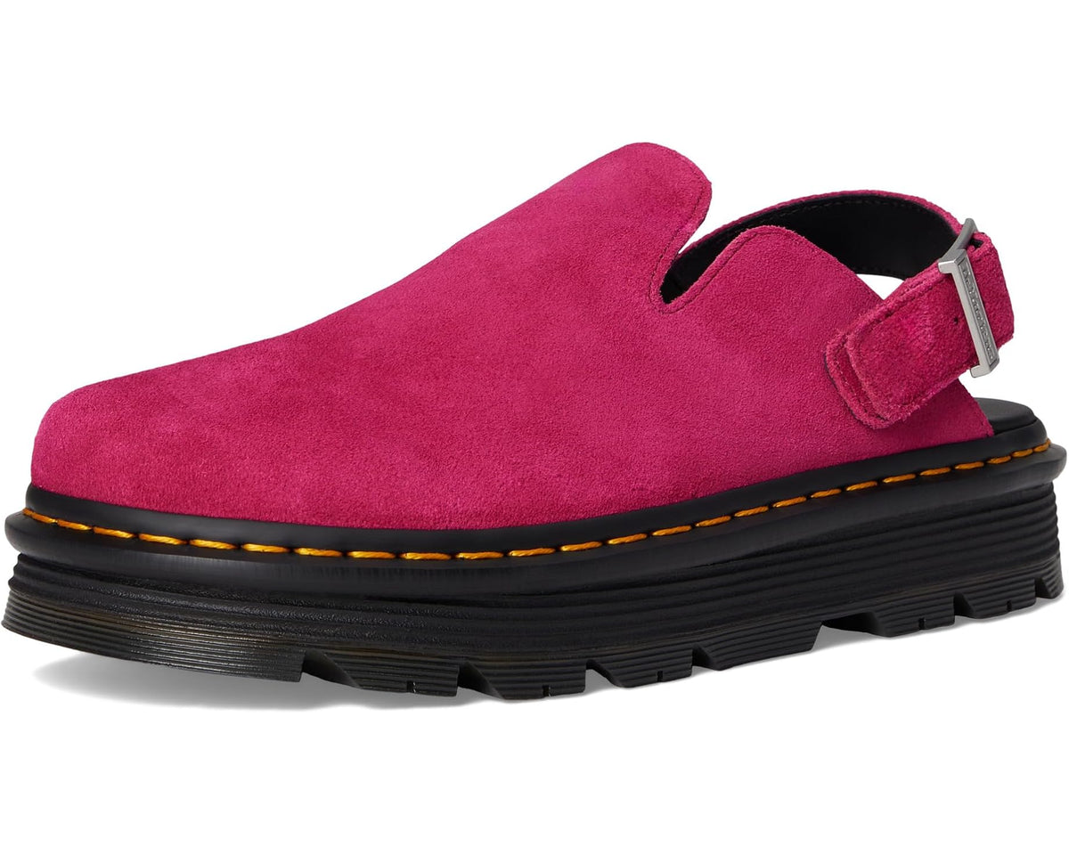 Fuchsia pink suede mule with open back, side strap, and black platform sole