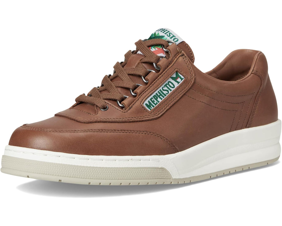 Hazelnut leather lace-up sneakers with green tongue logo and white rubber sole