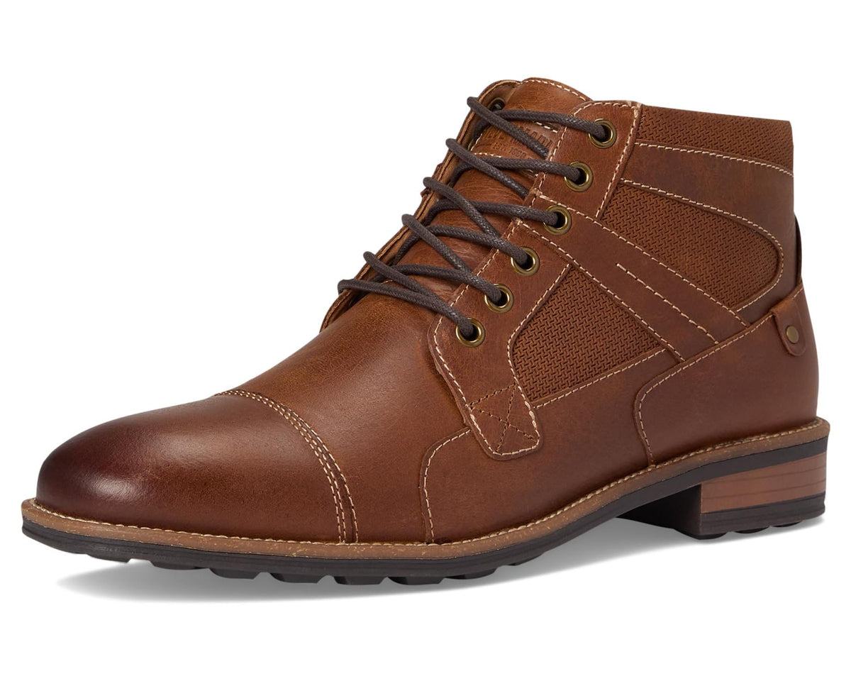 Men's dark tan leather lace-up ankle boot with stitched overlays and rubber sole