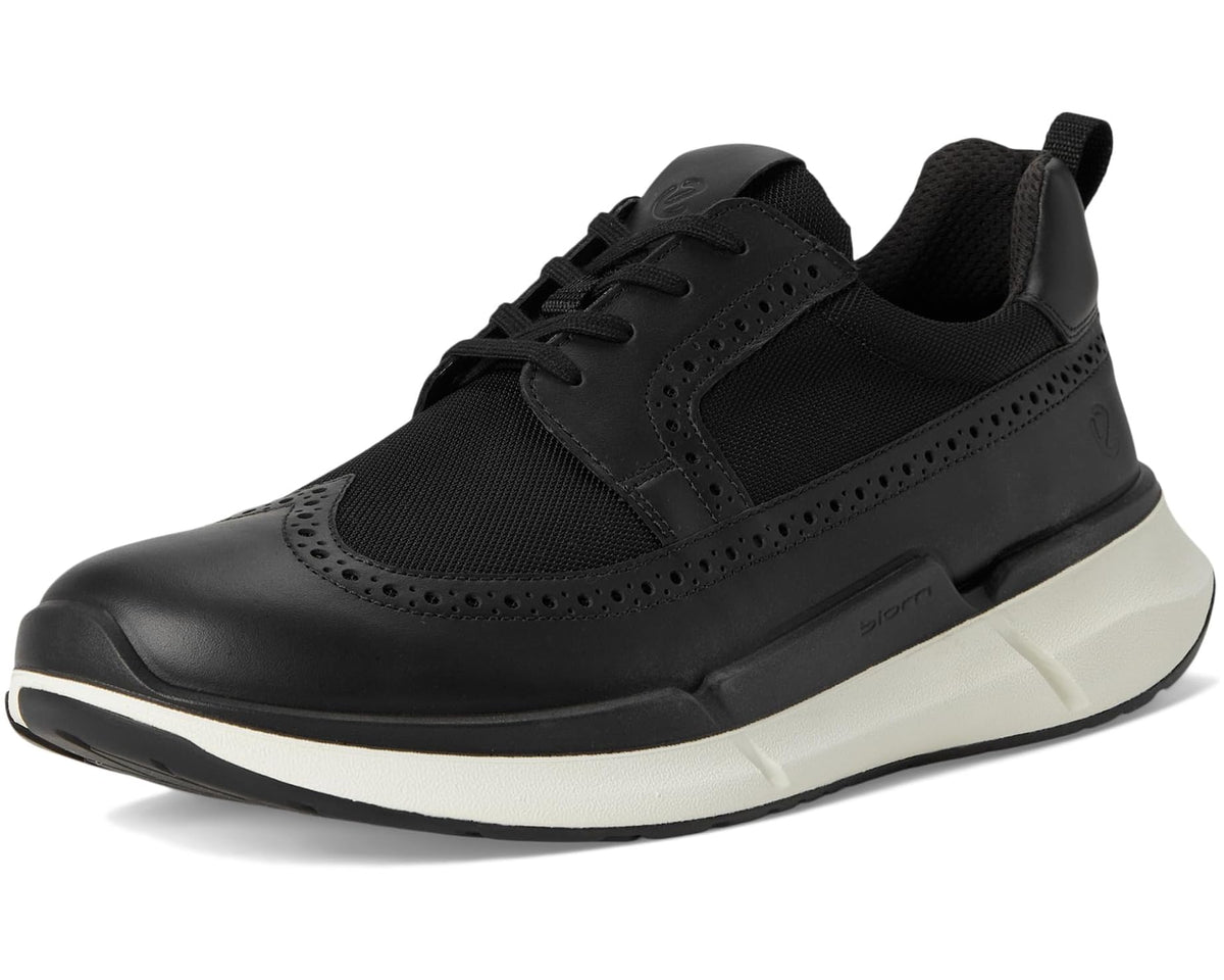 ECCO men's black brogue sneakers, angled front view with lace-up and cushioned sole