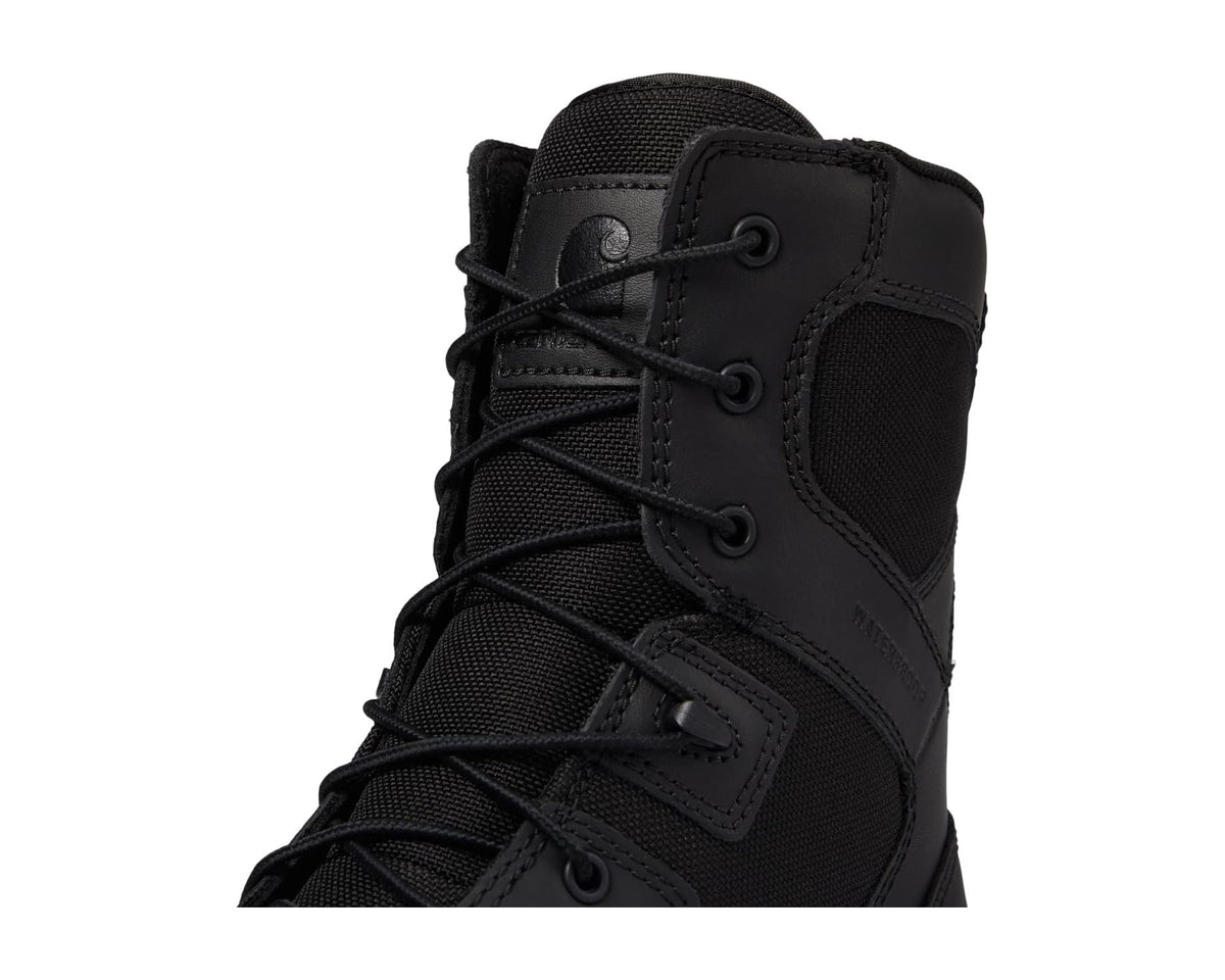 Black lace-up boot with textured ankle panels and padded tongue, soft-toe style