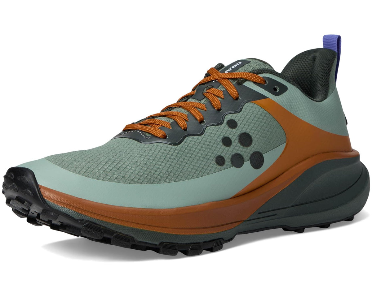 Men's trail running shoe, teal upper with orange laces and black outsole tread