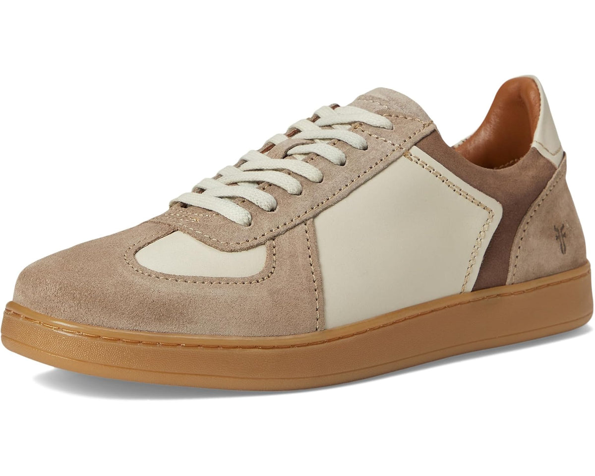 Men's Frye trainer sneakers, angled front view with ivory leather and tan suede.
