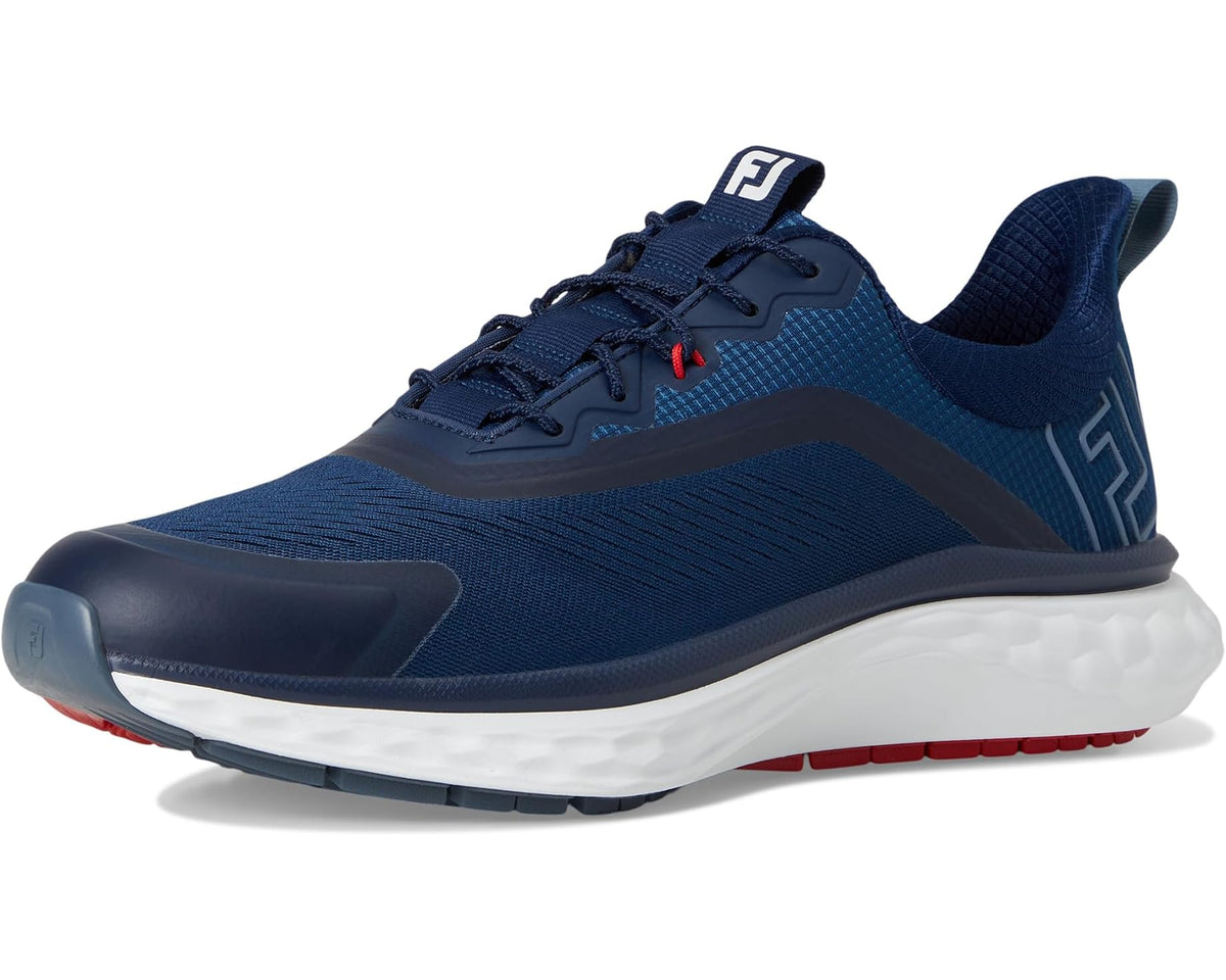 Women's FootJoy athletic sneaker front view, navy laces and teal side stripe with white sole