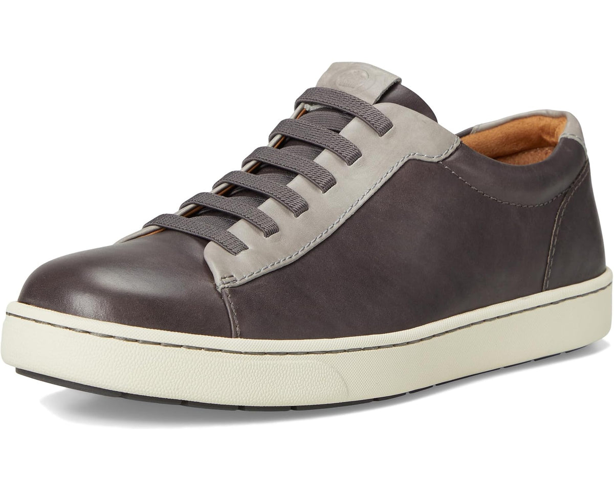 Grey and dark brown lace-up sneakers with beige sole and low-profile silhouette