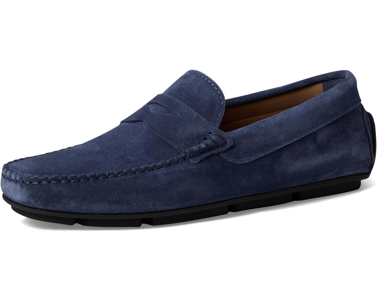Blue suede men's loafer angled view with moc toe and low-profile rubber sole