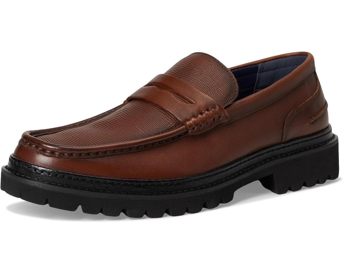 Men's tan leather slip-on loafer with rounded toe and lug sole