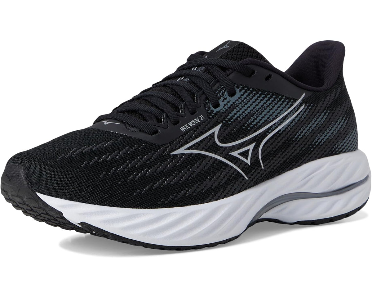 Men's Mizuno running shoes, black mesh knit upper with silver logo and white midsole