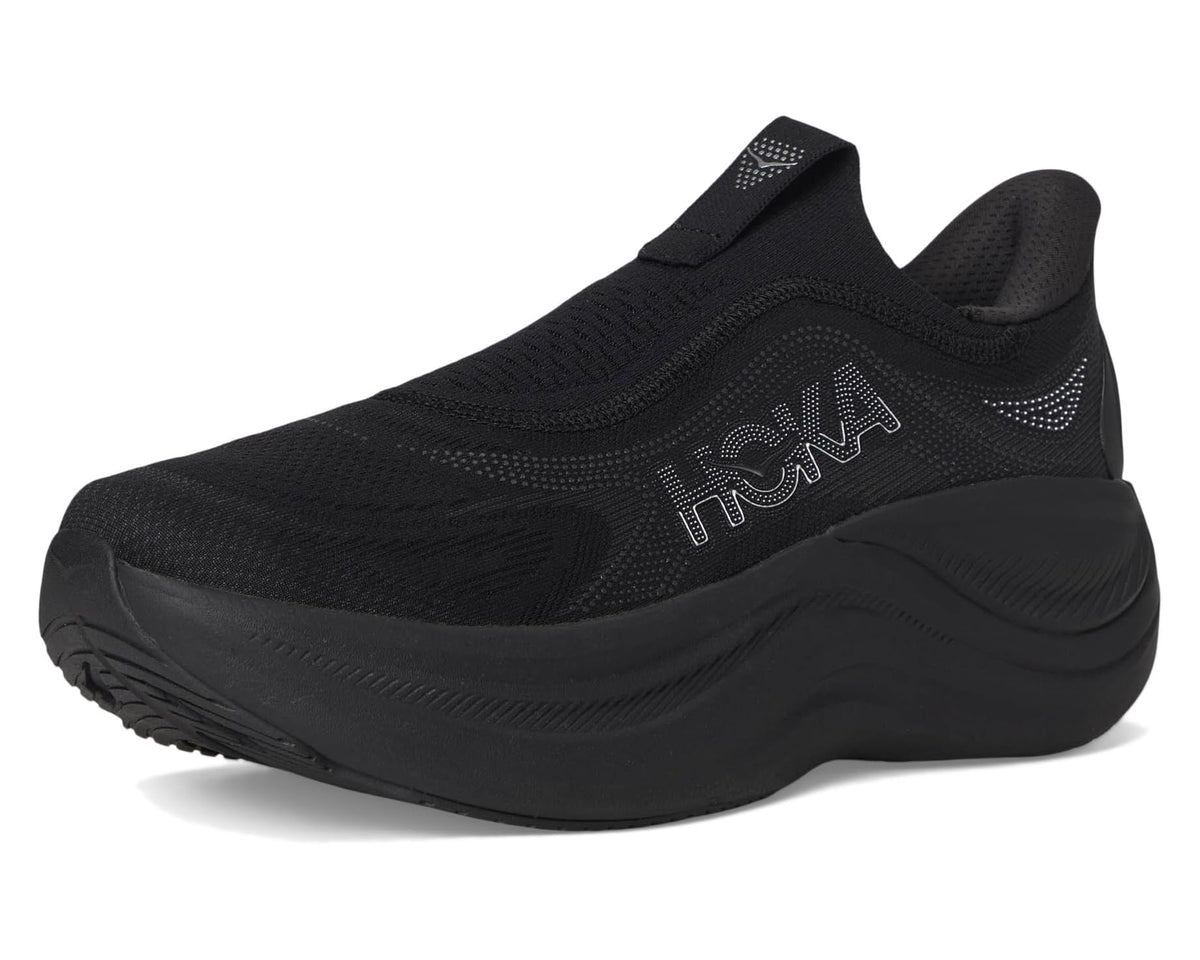 Black laceless running shoe with slip-on collar, HOKA logo, and thick rocker sole