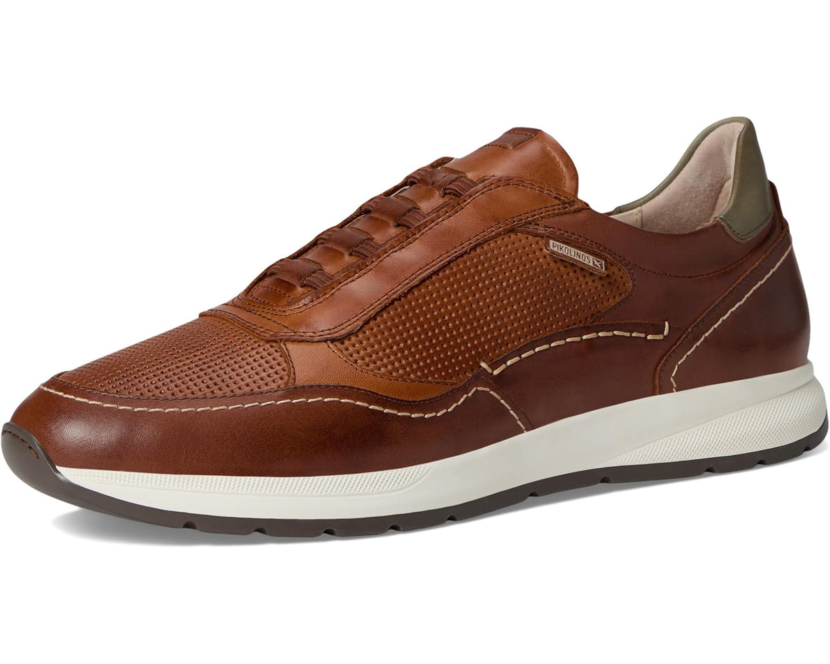 Men's brown leather lace-up sneaker with perforated toe and side panels, white sole