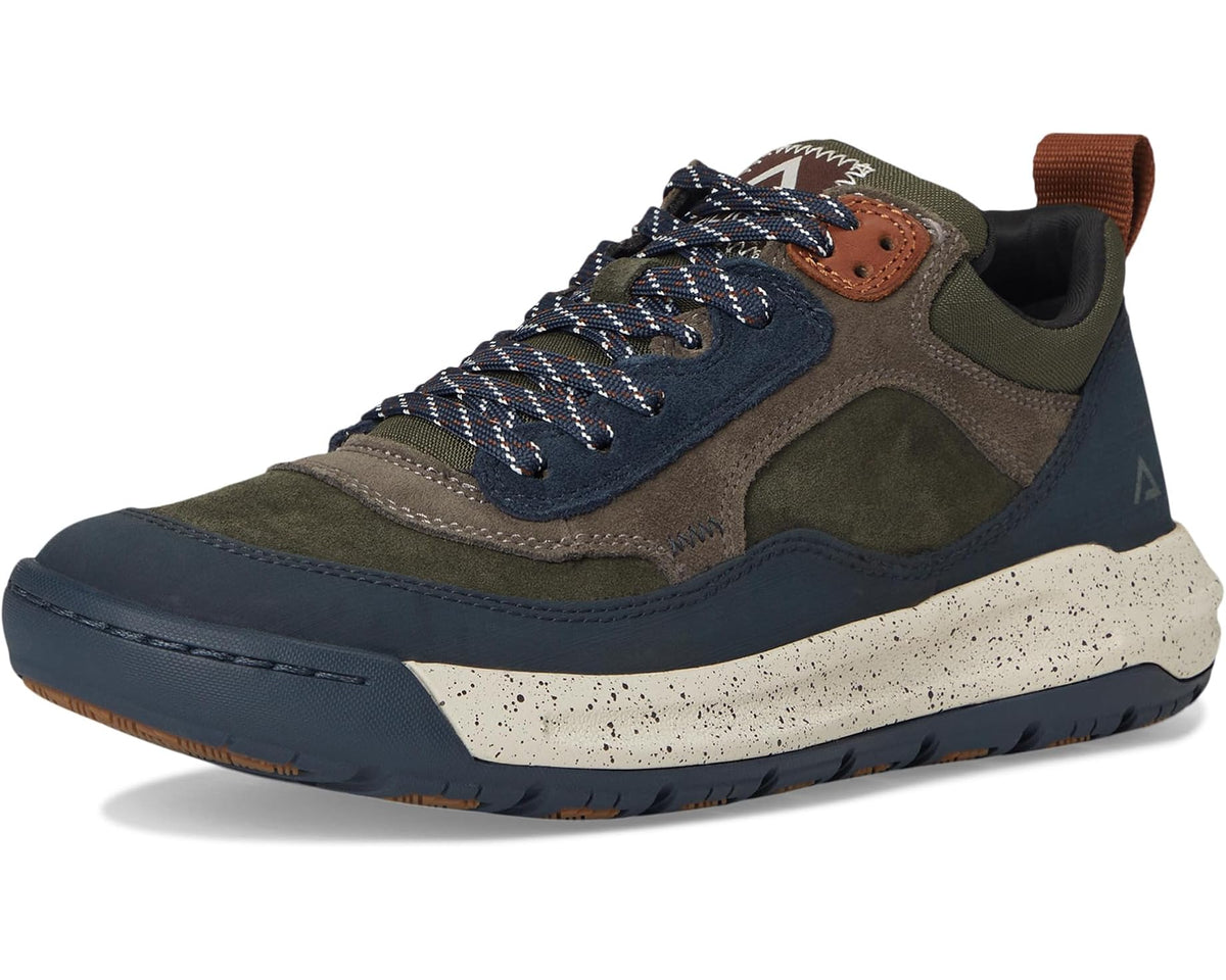 Men's green and navy lace-up sneaker with speckled midsole and brown outsole trim