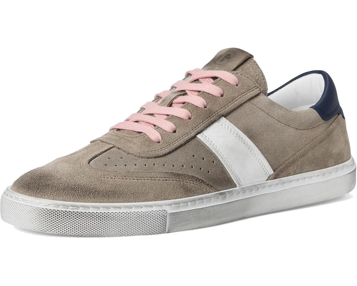 Men's GREATS grey suede low-top sneakers with pink laces and white trim