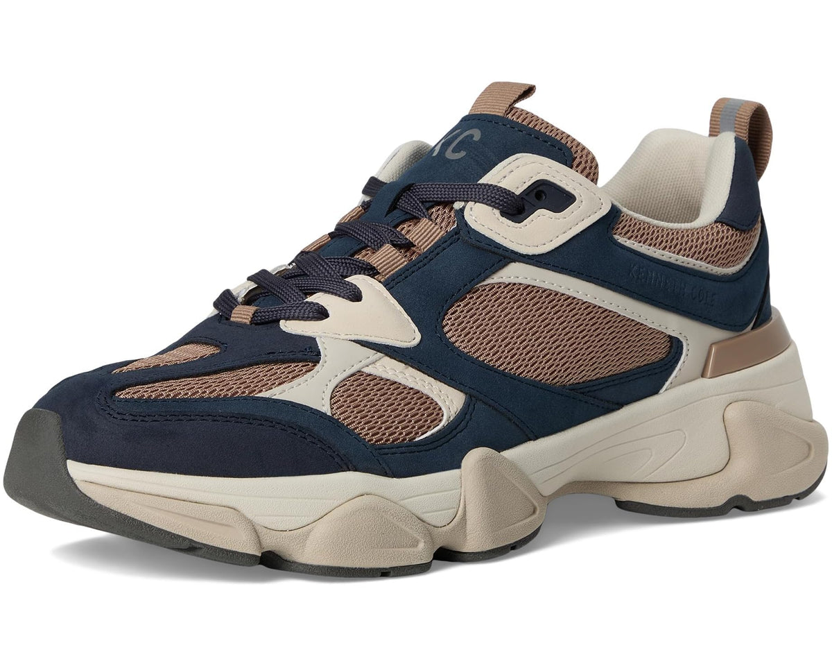 Men's Kenneth Cole Alder sneakers, front 3/4 view in navy and taupe with chunky sole
