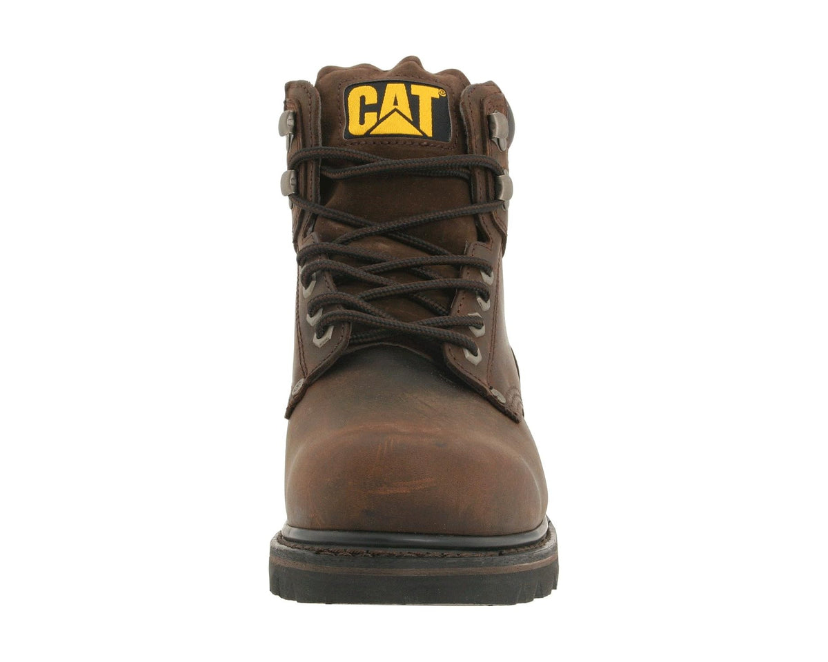 Dark brown leather lace-up work boot front view with CAT logo patch on collar