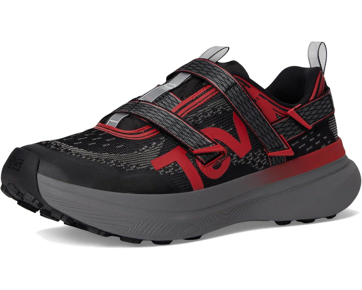 Men's Teva trail running shoes angled side view, black/charcoal mesh with red trim