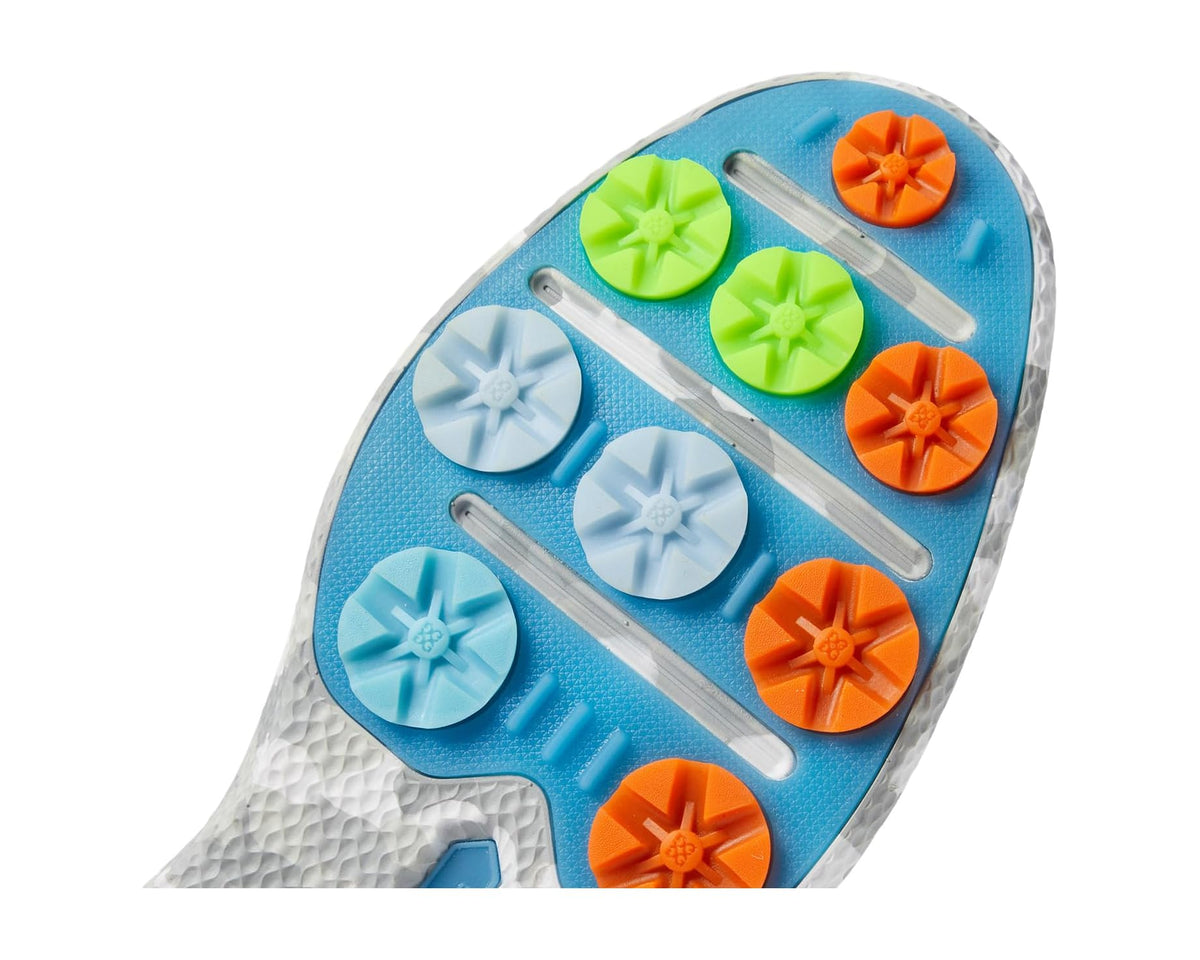 Men's golf shoe outsole with blue traction pods in orange and green