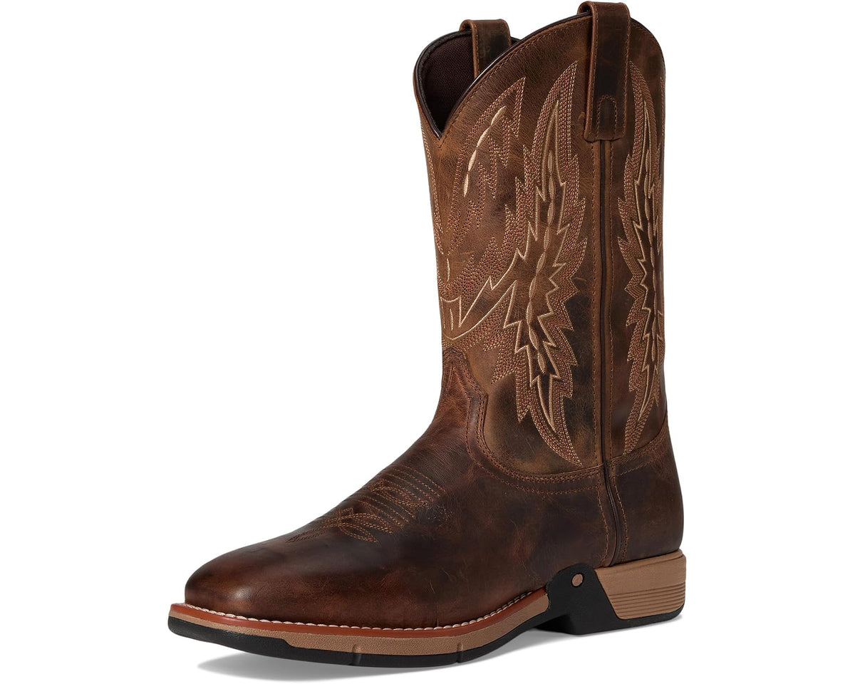 Tan cowboy boot with western patterned shaft, pull tab, and low stacked heel