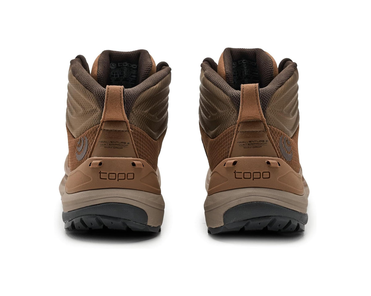 Brown and tan lace-up hiking boots from back view with cushioned heel
