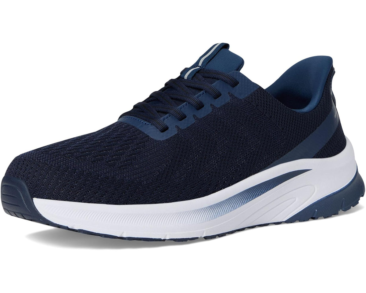 Men's navy knit lace-up sneakers with rounded toe and white midsole