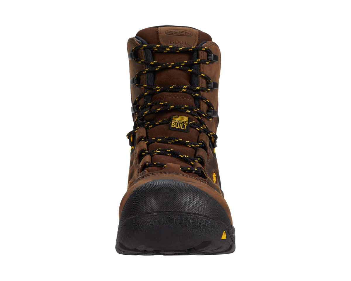 Front view of dark earth and black insulated waterproof lace-up boot