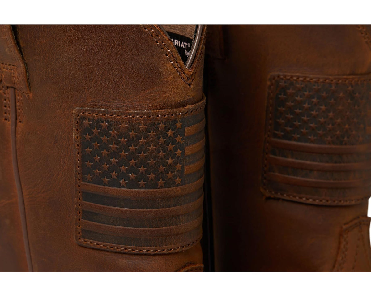 Ariat Rambler men’s boots close-up: star-and-stripe leather insets on brown upper