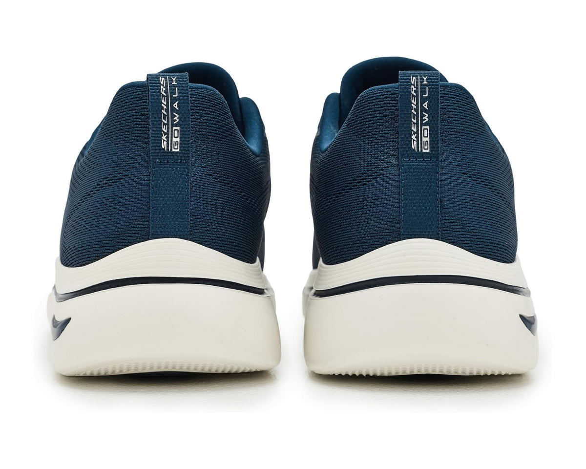 Blue sneakers with padded heel, SKECHERS text on back, and white midsole