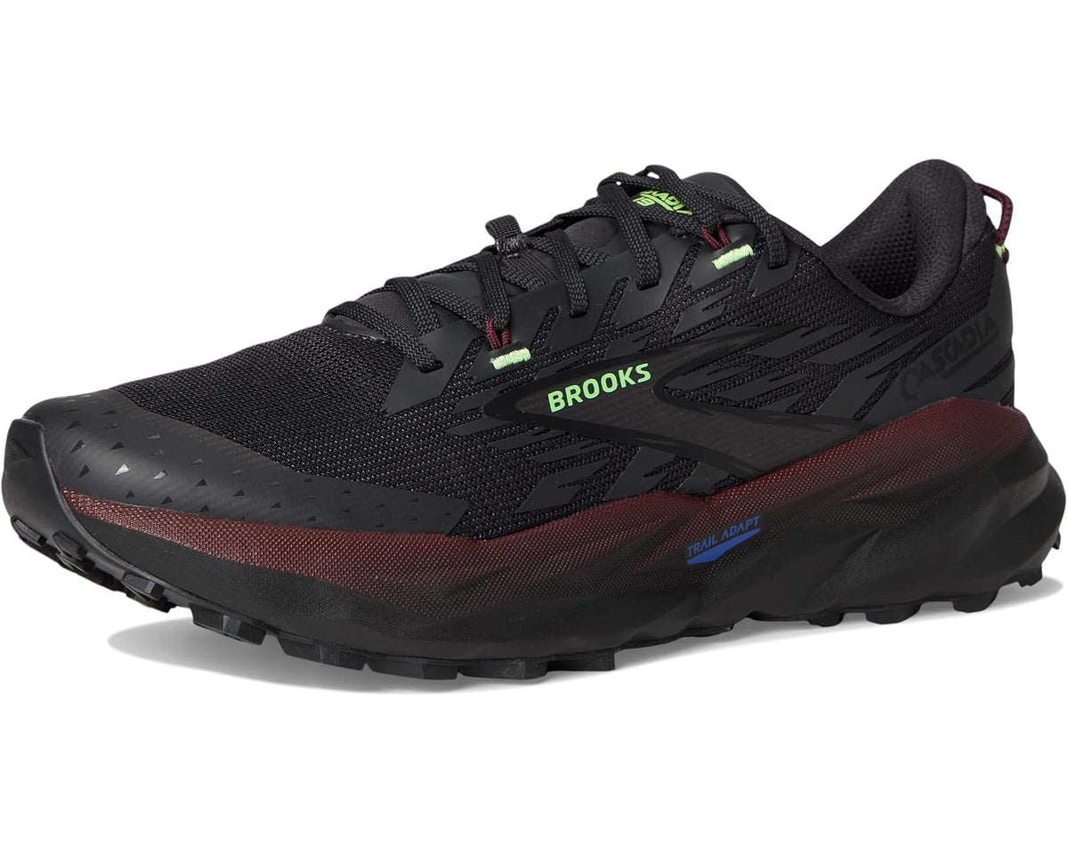 Men's black trail running shoe front three-quarter view with lace-up mesh and tread