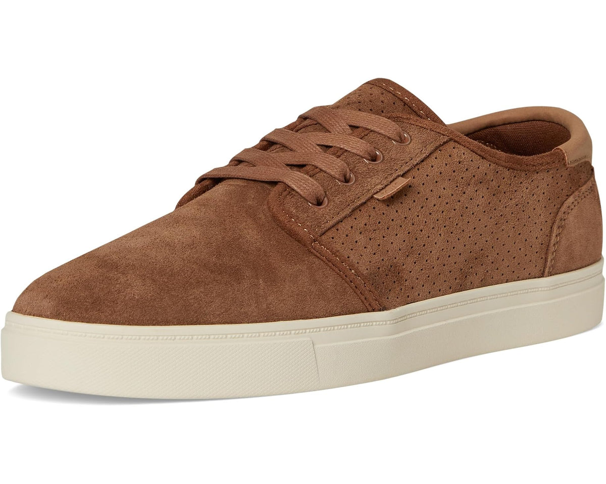 Brown suede low-top lace-up sneaker with white midsole, side view