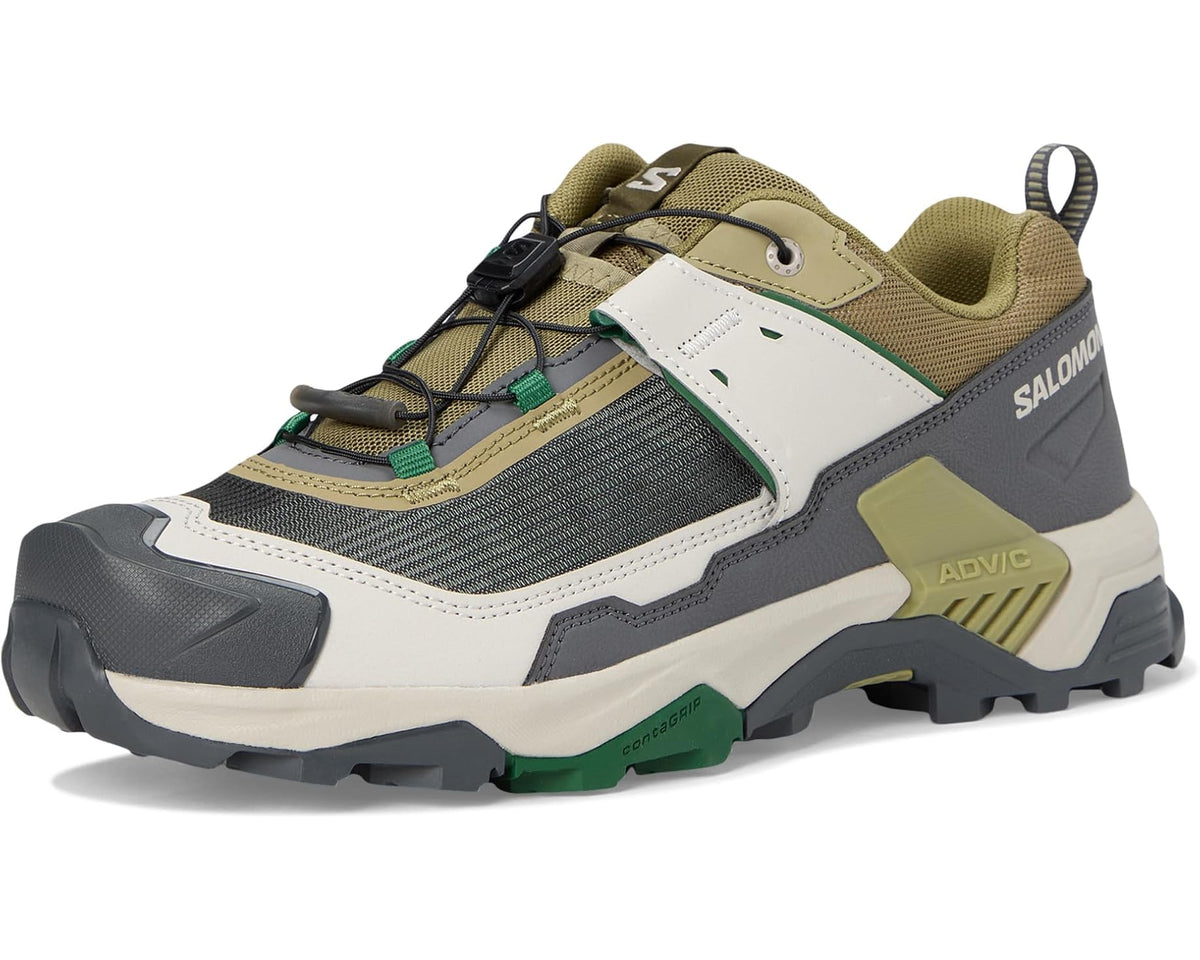 Men's Salomon X Ultra 5 low-top trail sneakers, olive laces and white side panels
