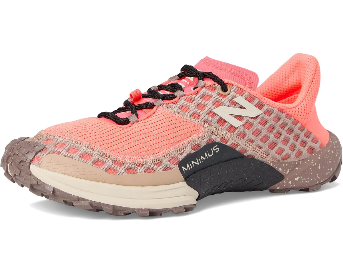 Men's trail running shoe front side view in coral and beige with lace-up design