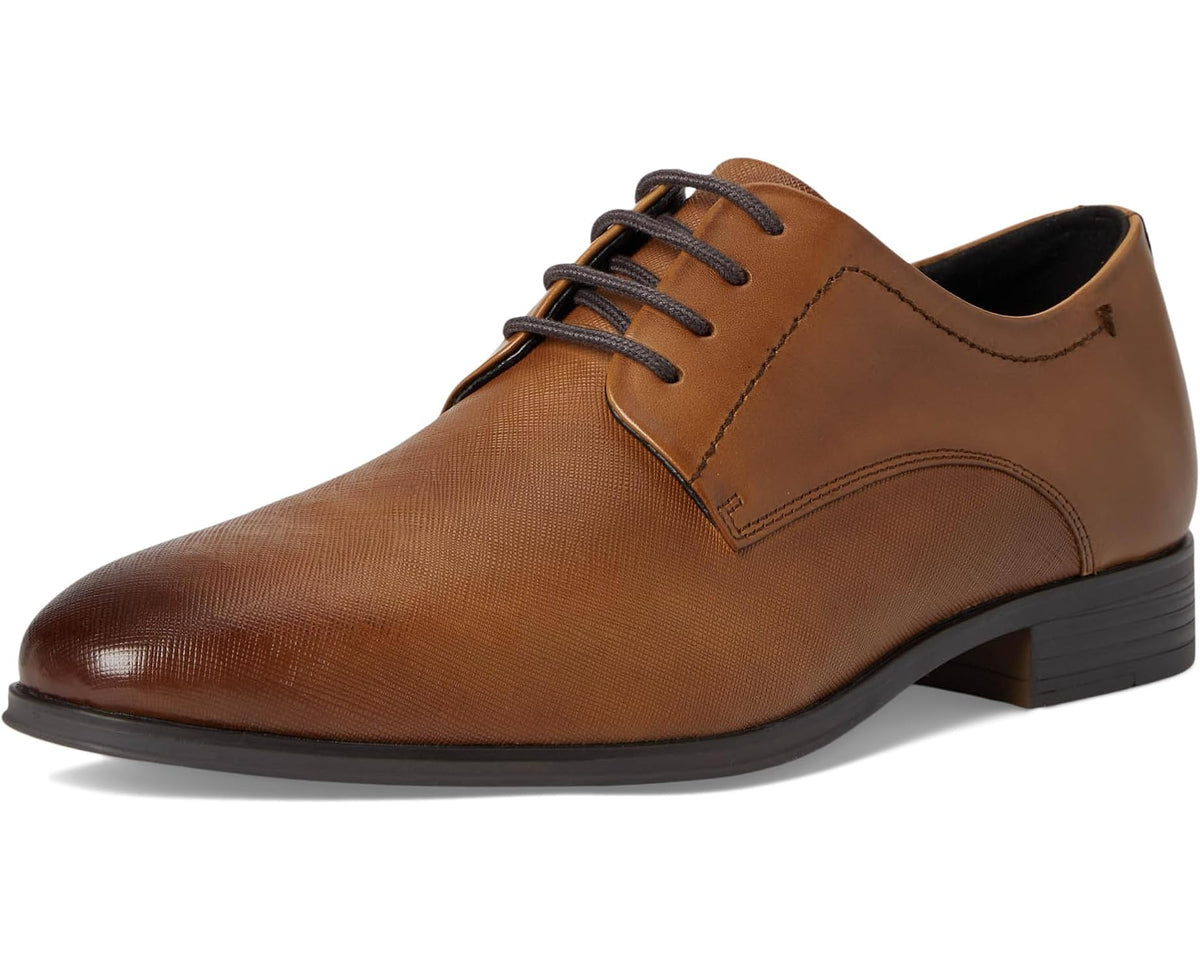 Men's medium brown leather oxford dress shoe with lace-up front and rounded toe