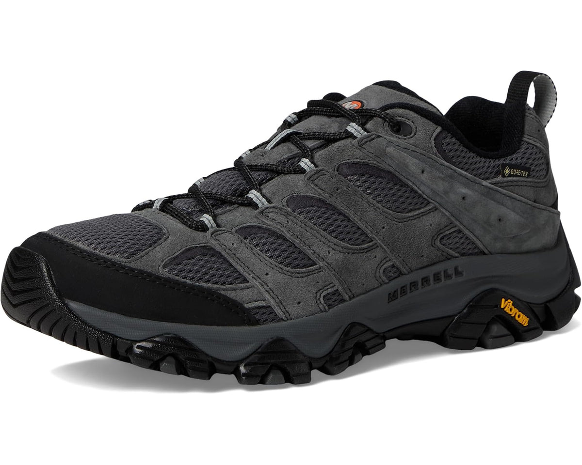 Men's Merrell Moab 3 GTX granite trail shoe, front 3/4 view with Vibram detailing