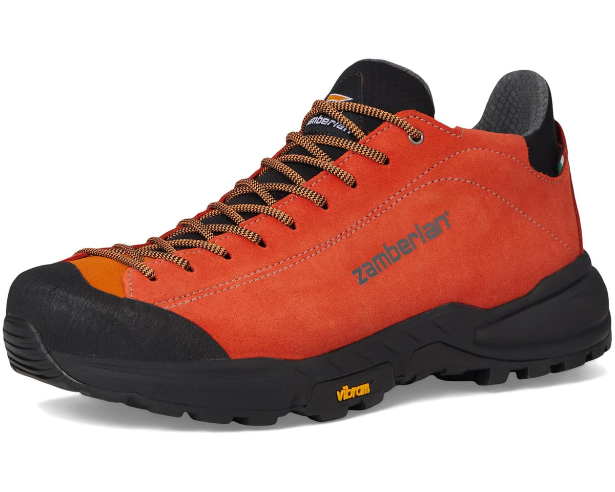 Orange suede Zamberlan hiking shoe front three-quarter view with black rubber outsole