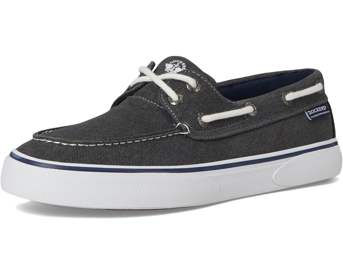 Black canvas boat shoe with white laces, metal eyelets, and Dockers badge