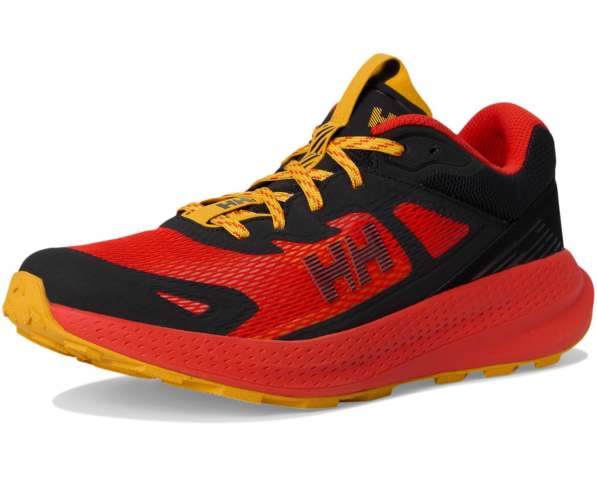 Men's trail running shoes in red, black, and yellow with lace-up and chunky sole.