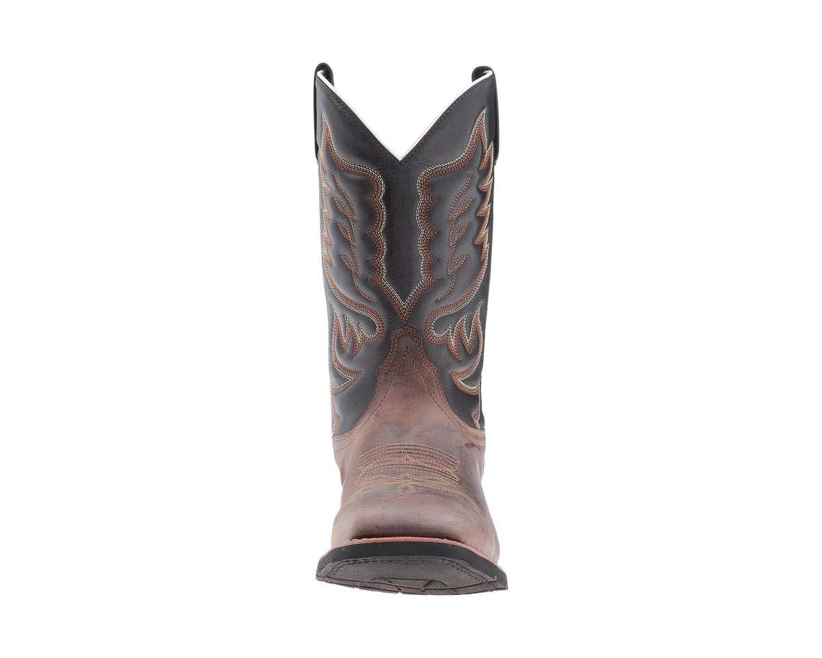 Back view of western boot with tall black shaft and decorative leaf stitching