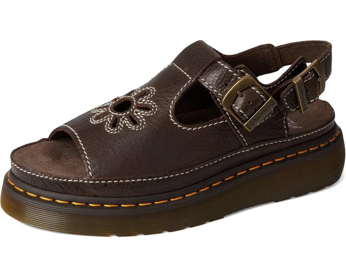 Brown leather unisex sandal with flower cutout design and adjustable buckles