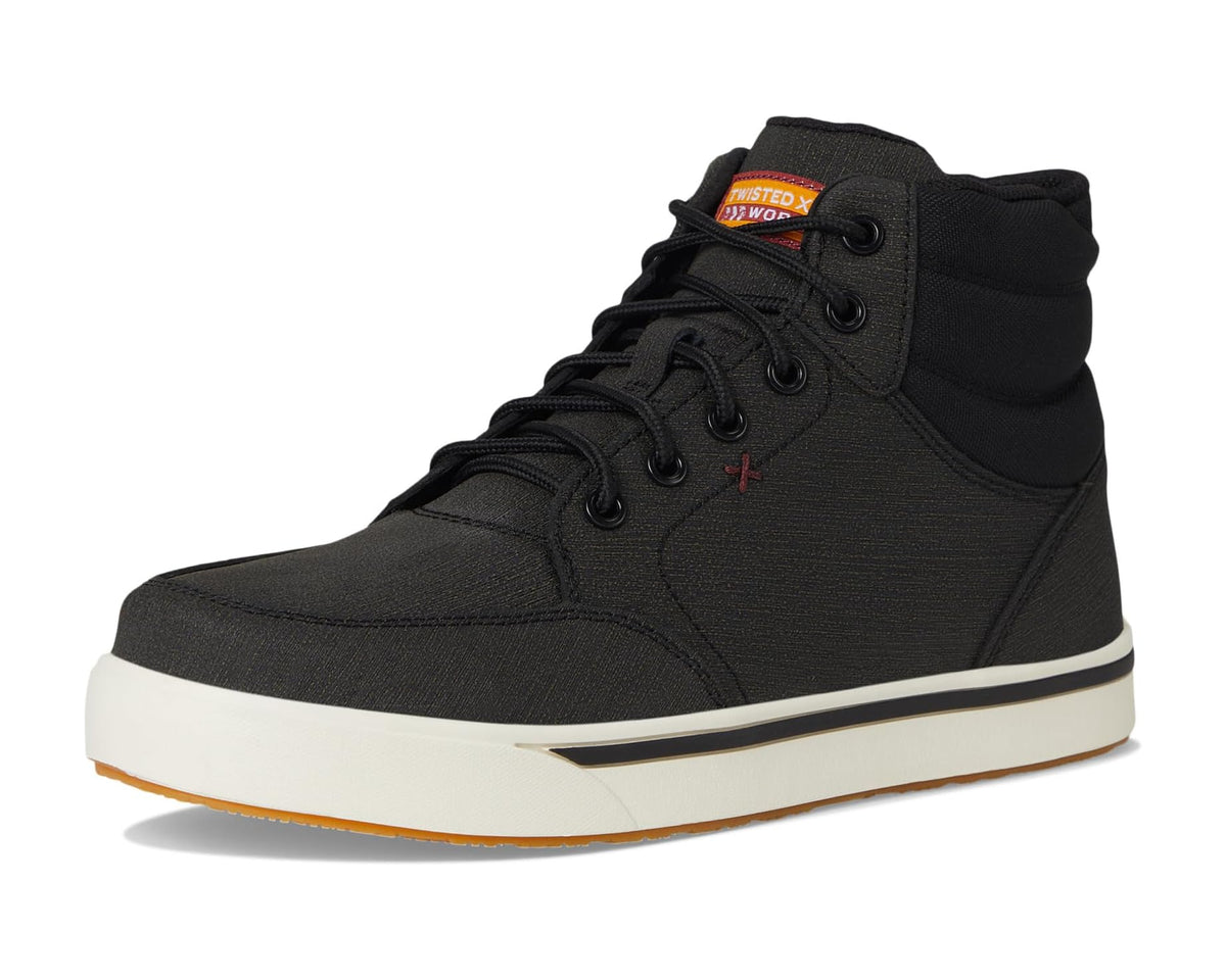 Front view of black high-top work boot with orange-accented outsole