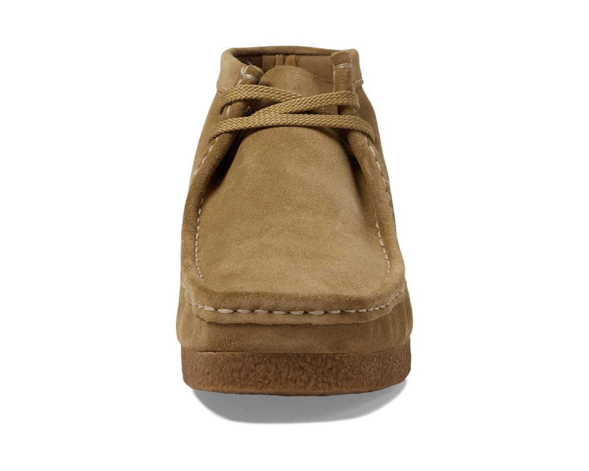 Clarks Shacre suede lace-up boots from back with rubber sole, dark sand