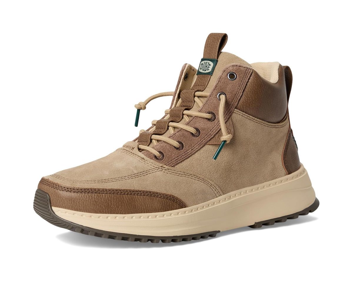 Men's two-tone lace-up hiking boot with padded collar and beige rubber outsole