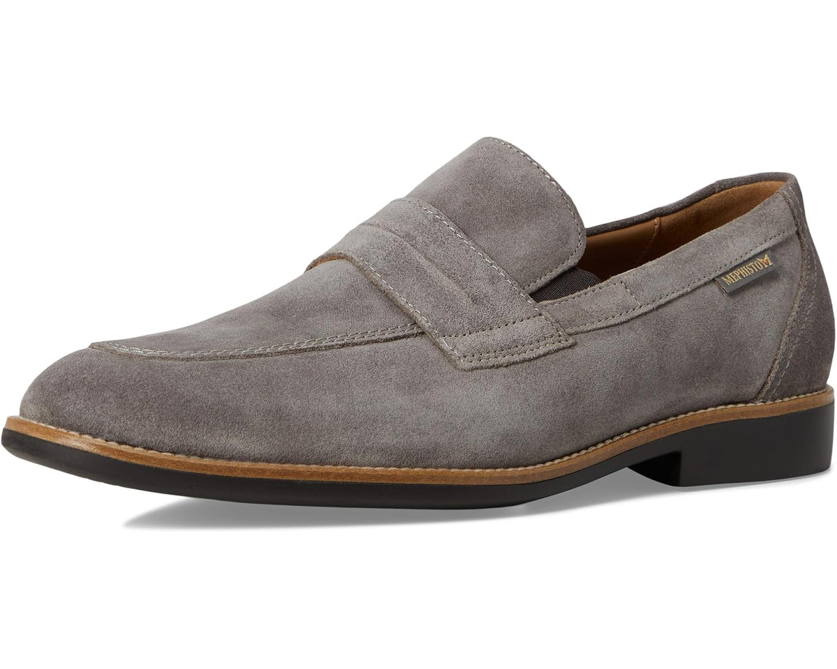 Graphite gray suede slip-on loafer with instep strap and low profile sole