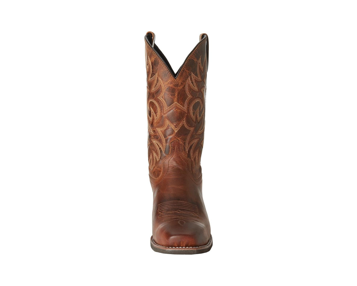 Rust-brown western boot with tall shaft, V-cut opening, and floral embroidery