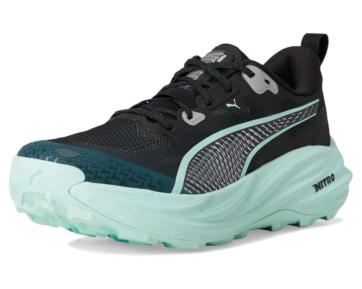 Men's trail running shoes front three-quarter view: dark green/black with mint outsole