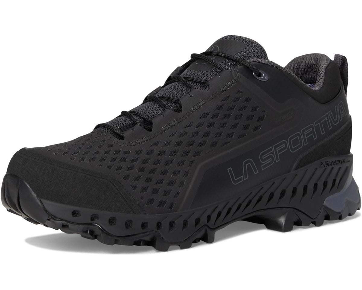Men's black lace-up trail shoe front three-quarter view with durable tread