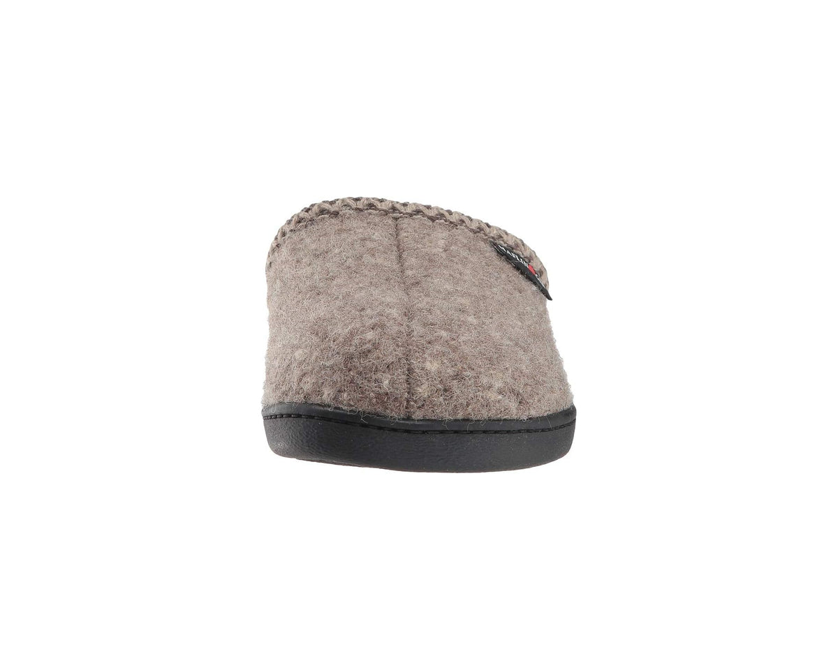 Unisex wool felt mule slipper back view, natural taupe upper with black rubber sole