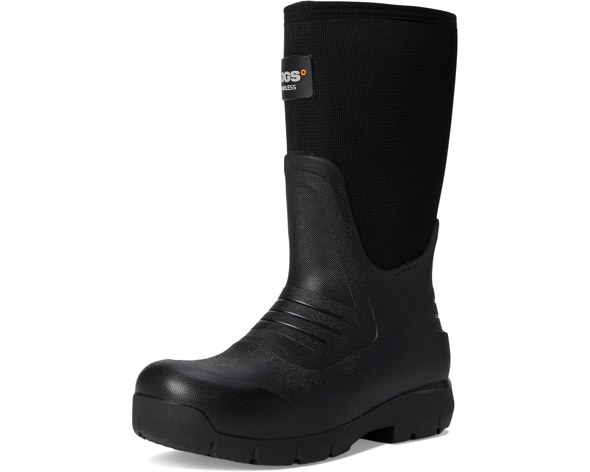 Black tall pull-on rubber boots front three-quarter view with molded tread sole