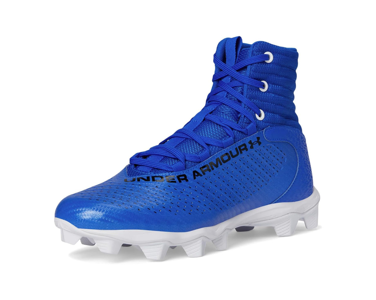 Men's Under Armour high-top cleat in royal blue with white studs and lace-up front