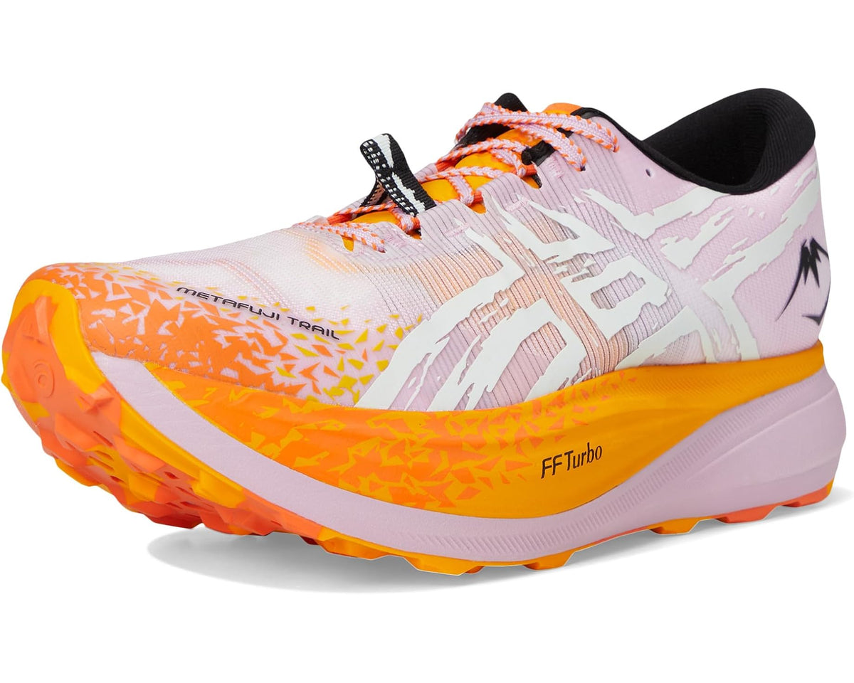 Unisex trail running shoes front view, light lavender upper with orange tread and FF Turbo detail