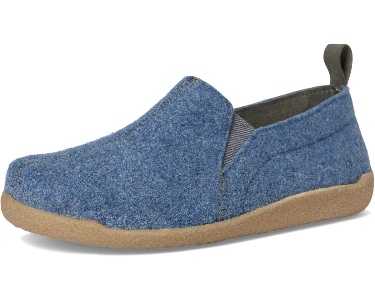 Unisex Sanita blue felt slip-on shoe with tan sole and rear pull tab