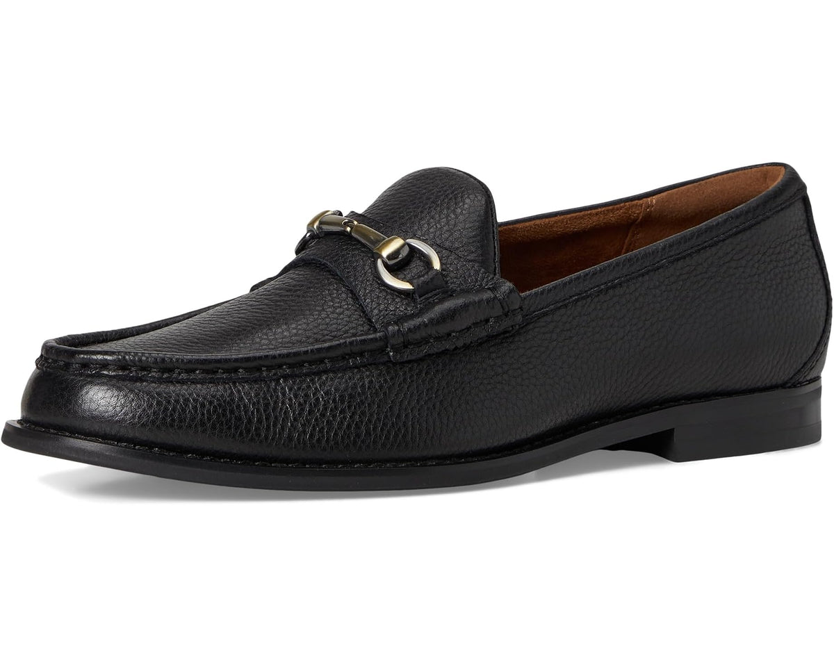 Men's black leather loafer with gold horsebit hardware, slip-on design